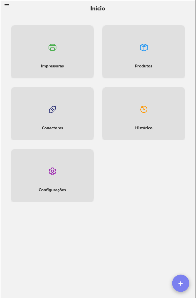 Pantalla inicial de compliance08 con cards de impresoras, productos, conectores, historial y configuraciones